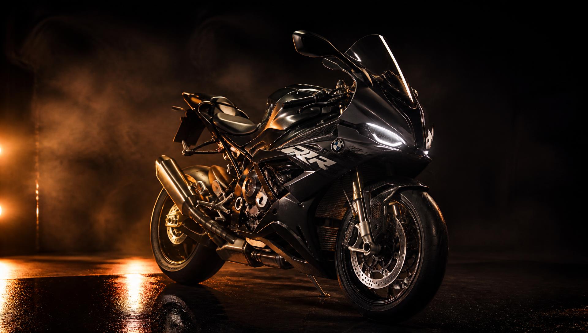 Premium sport motorcycle lit by amber studio light